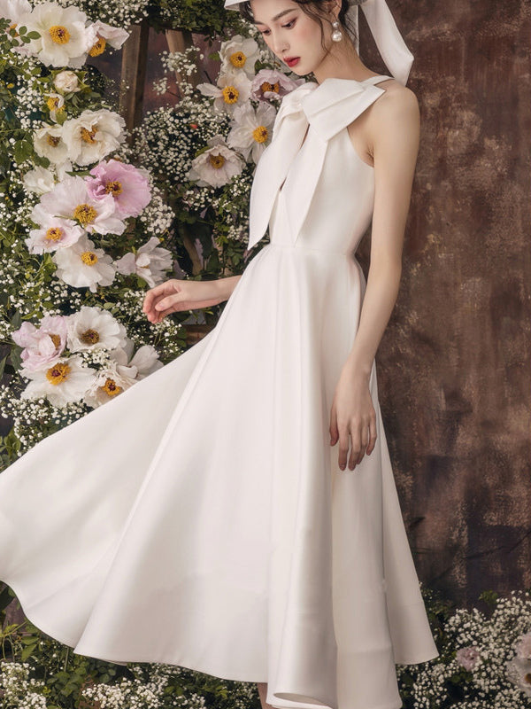Bows Midi Dress Cutout A-Line Elegant Prom Dresses In White