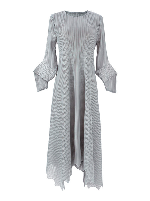 Irregular Clipping Loose Pleated Solid Color Round-Neck Midi Dresses