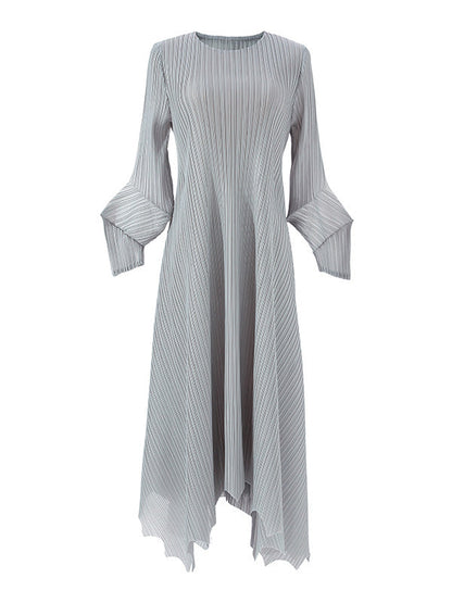 Irregular Clipping Loose Pleated Solid Color Round-Neck Midi Dresses