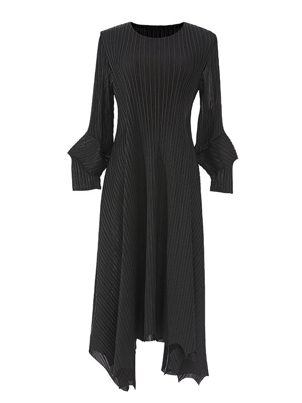 Irregular Clipping Loose Pleated Solid Color Round-Neck Midi Dresses