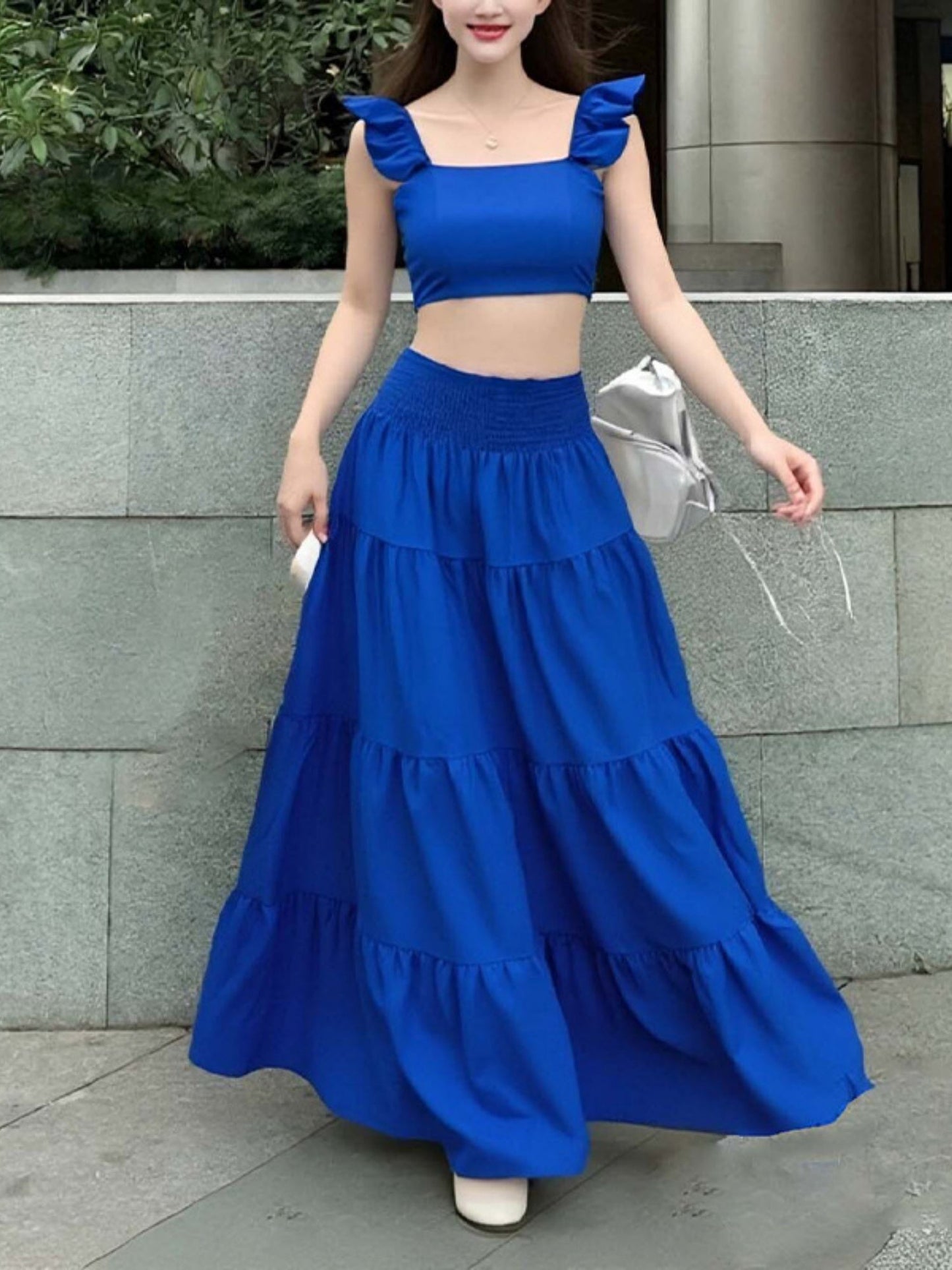 Tank Top Pleated Multi-layered Midi Skirt 2-piece Sets