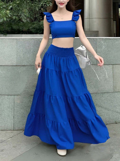 Tank Top Pleated Multi-layered Midi Skirt 2-piece Sets