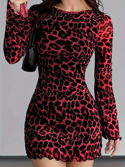 Leopard Print Mesh Slimming And Waist-cinching Long-sleeved Short Dress
