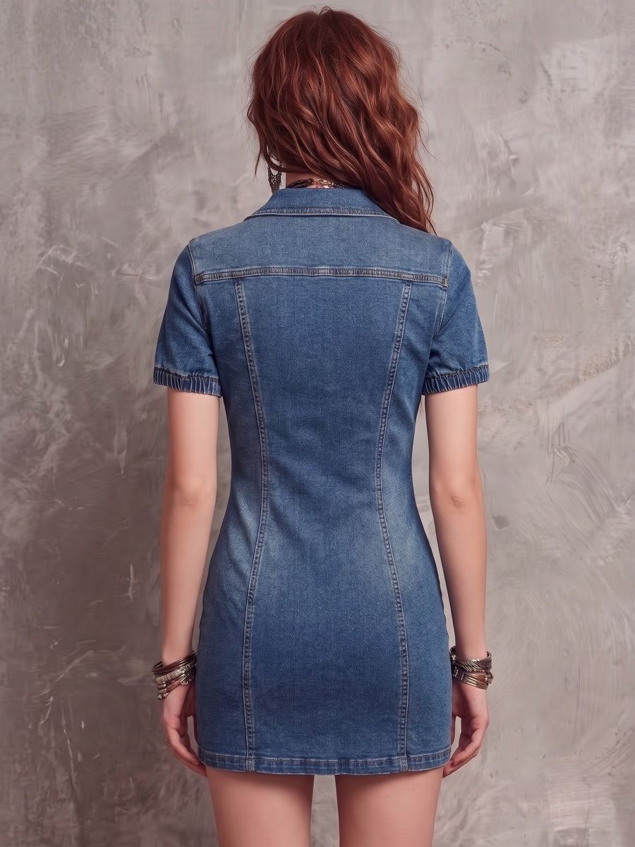 Denim Lapel Short Sleeve Slim-fit Commuting Mini&Short Dresses