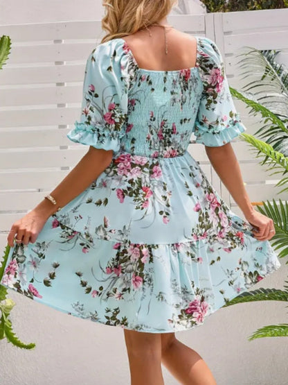 Printed Pleated Square Neck Short Sleeve Mini&Short Dresses