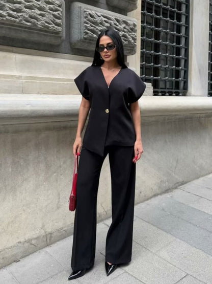 V-neck Buttons Jacket Wide-leg Pants Set Commuting 2-piece Sets