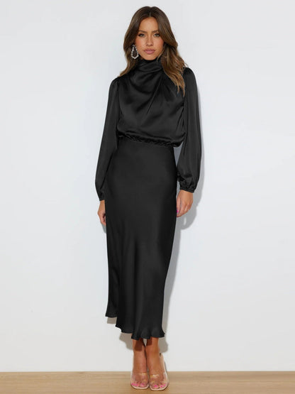 Satin Long Sleeve Loose Turtleneck Midi Dresses