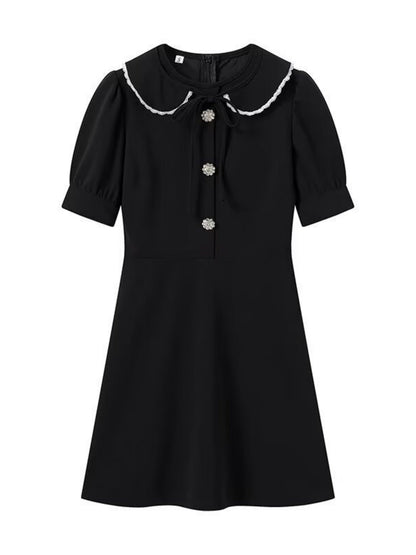 Color-blocked Detachable Peter Pan Collar Buttons Short Sleeves Mini&Short Dresses