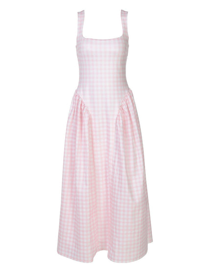 Plaid Print, Fitted Waist, Sexy Backless Halter Maxi Dress
