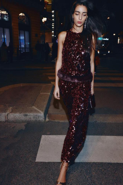 Sequined Faux Fur Hem Top & Pants Set