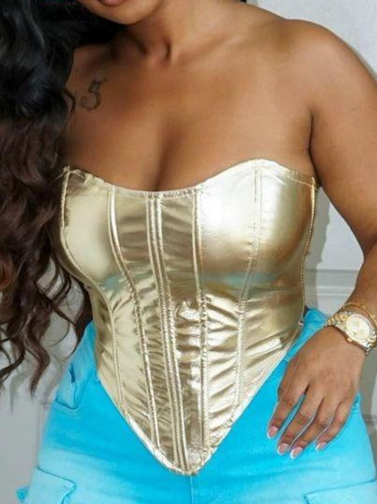 Imitation PU Metallic Luster Sleeveless Straps Strapless Vest
