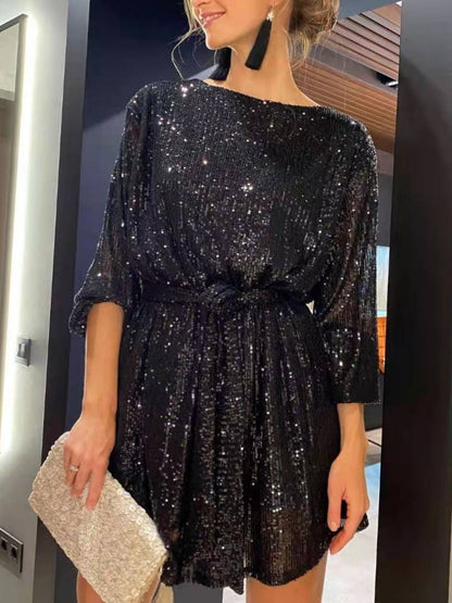 Sequins Waist Shaping Short Sleeves Mini&Short Dresses