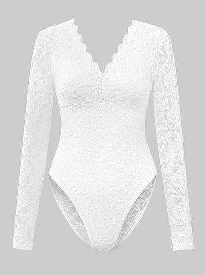 Lace Long Sleeve Perspective Slim Fit Bodysuit