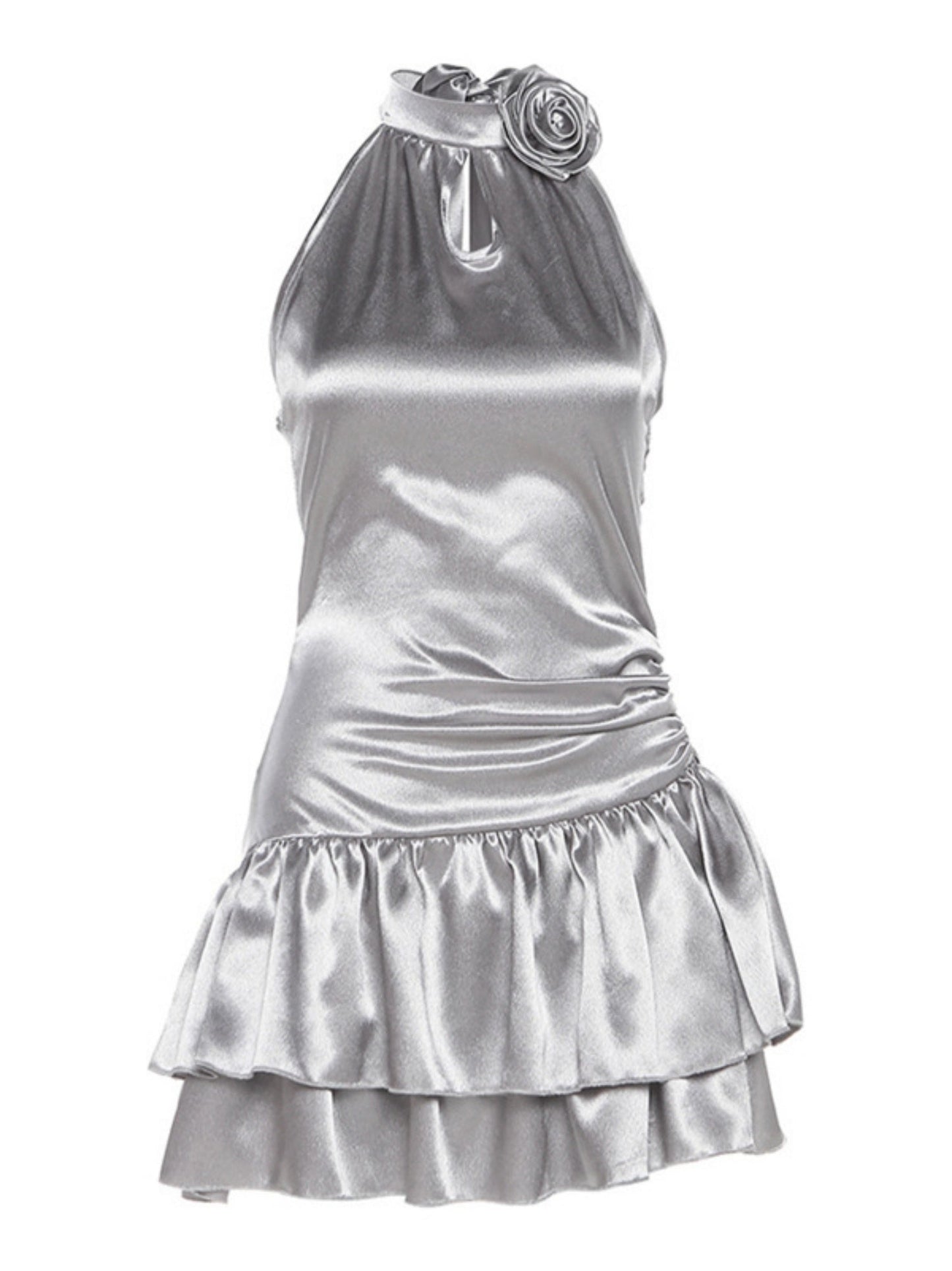 3D Flowers Glossy Hollow Out Halter-neck Sleeveless Mini&Short Dresses