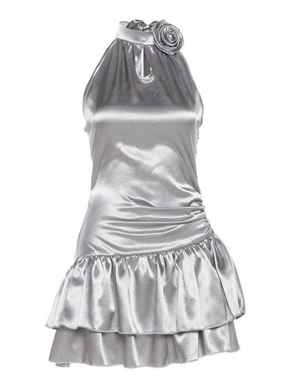 3D Flowers Glossy Hollow Out Halter-neck Sleeveless Mini&Short Dresses