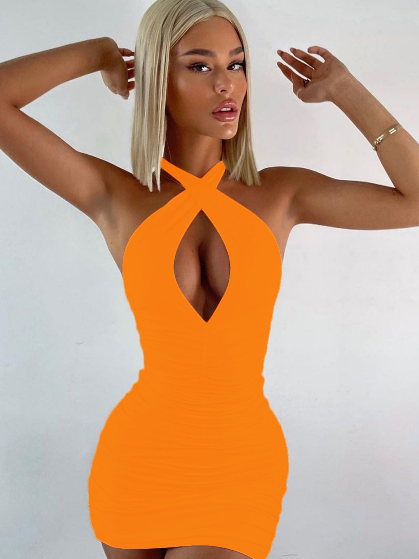 Pleated Halter Neck Crossover Slim Fit Hip Body Mini&Short Dresses