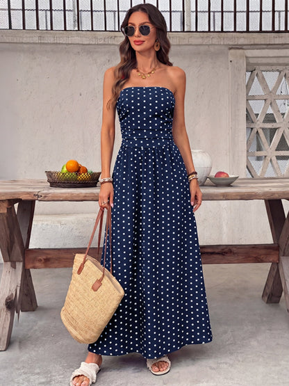 Polka Dots Tucking And Waist-cinching Strapless Maxi Dresses