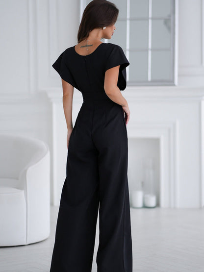 V-neck Commuting Wide Leg Jumpsuits
