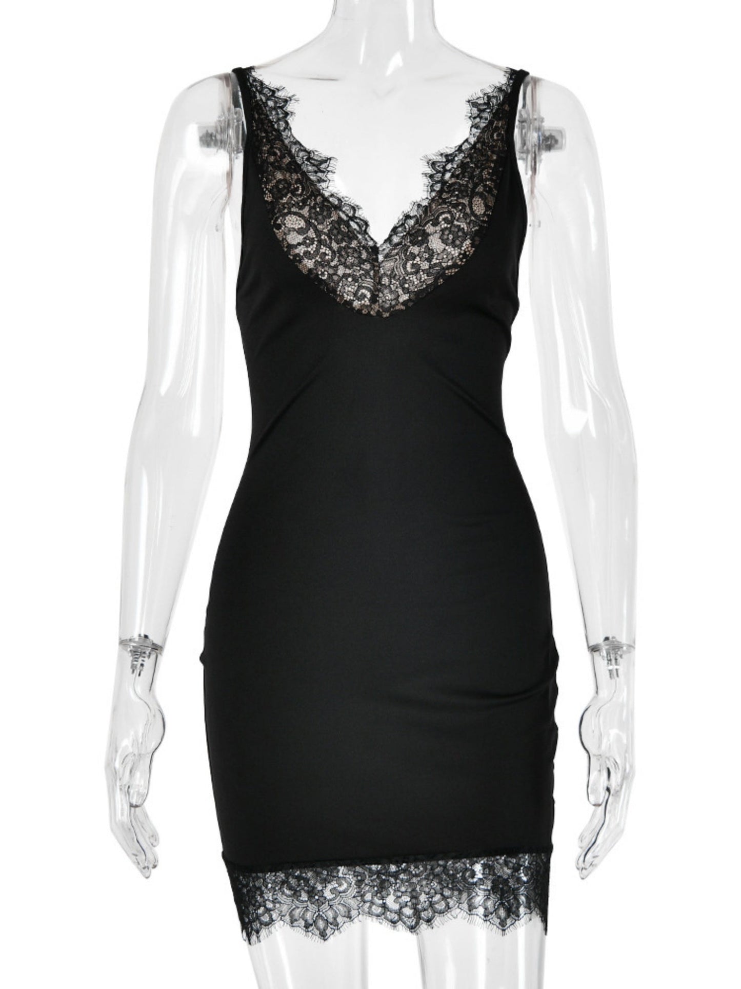 Lace Trim Deep V-neck Sleeveless Bodycon Mini&Short Dresses