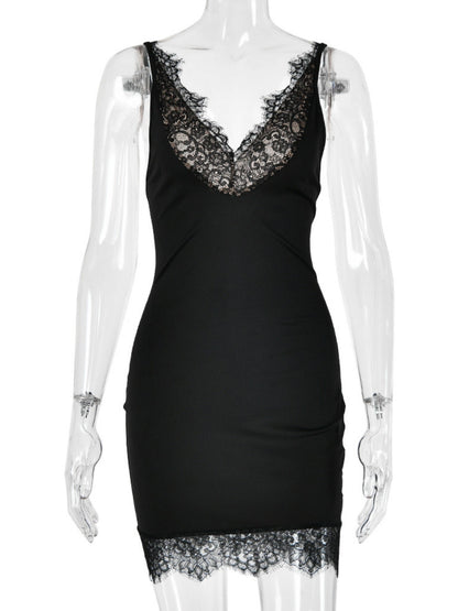 Lace Trim Deep V-neck Sleeveless Bodycon Mini&Short Dresses