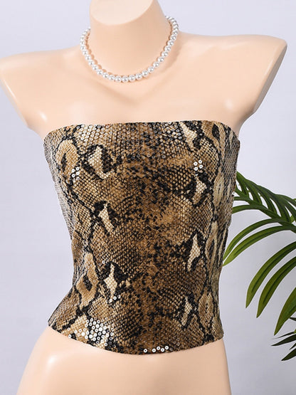 Sequined Leopard Print Elastic Bustier Zipper Bandeau
