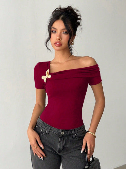 3D Butterfly Asymmetrical Neckline And Off-shoulder T-shirts