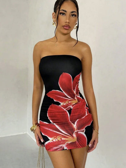 Floral Print Strapless Bodycon Mini&Short Dresses
