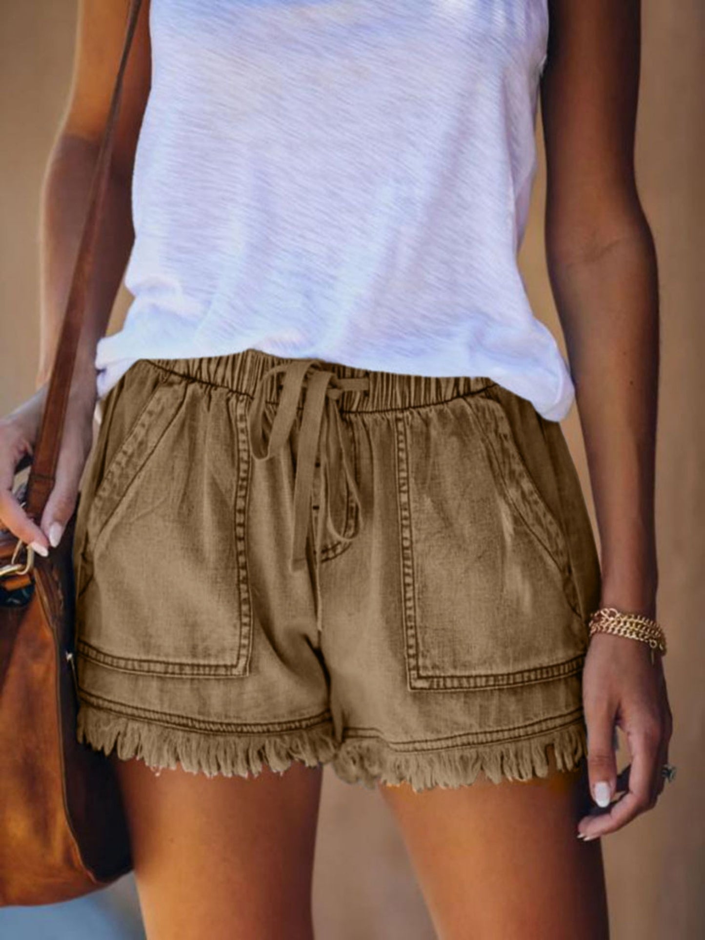 Elastic Waistband Tassel Pocket Straps Washed Jeans