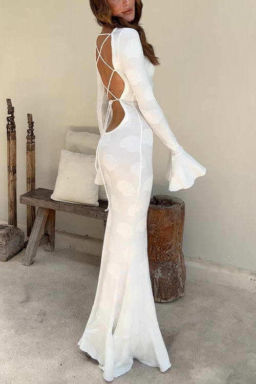 Margovil Bell Long Sleeves Backless Lace-up Shell Print Maxi Dress