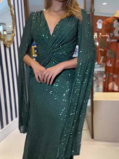 V-neck Hip-hugging Sequins Cloak Parties Maxi Dresses