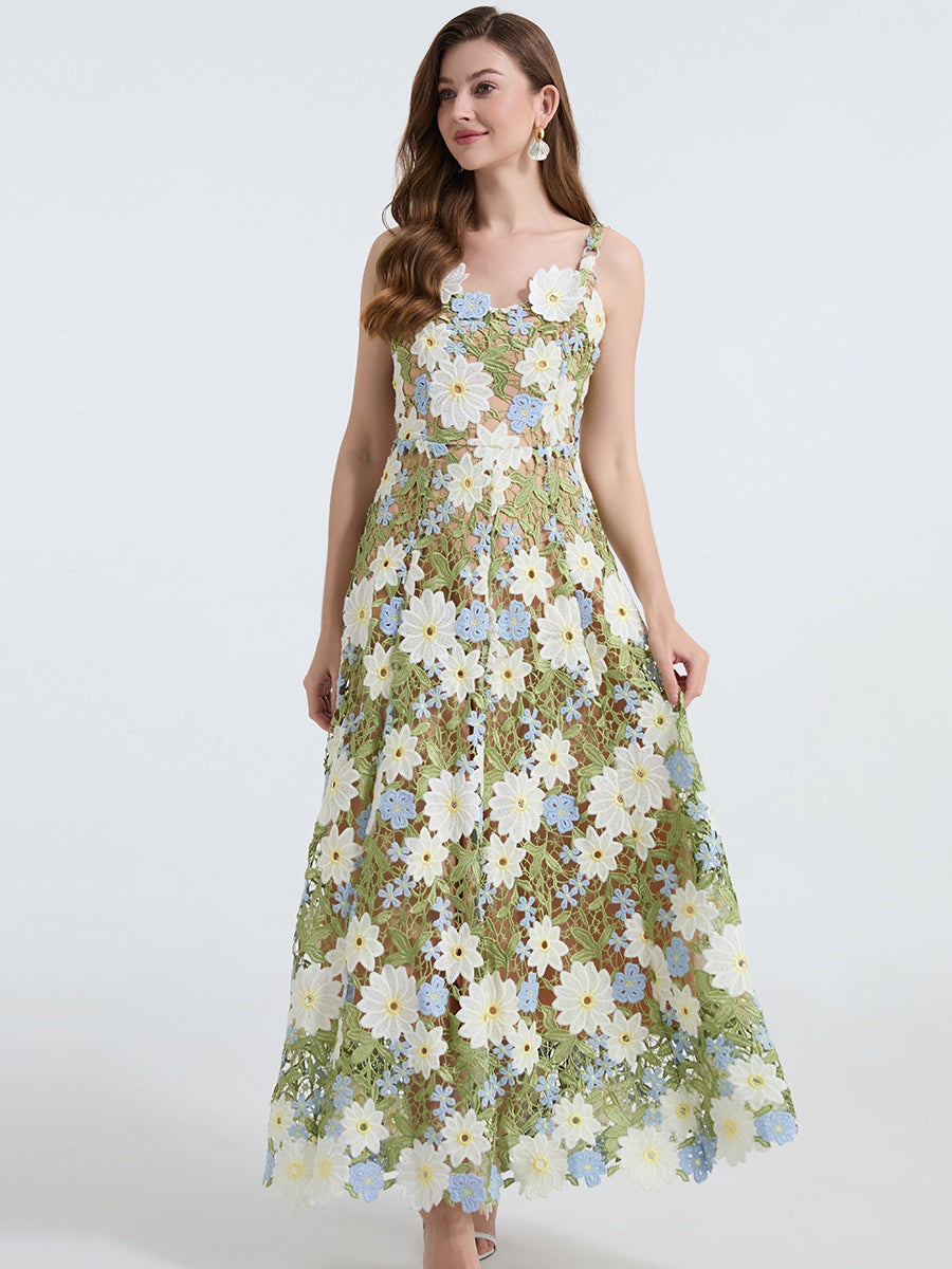 Lace Embroidery Spaghetti Strap Long Dress