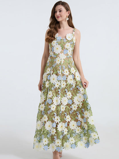 Lace Embroidery Spaghetti Strap Long Dress