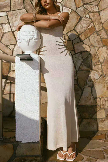 V Neck Sleeveless Knit Maxi Dress with Sequin