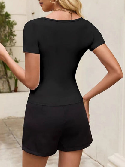 Lace Trim With Chest Cotton Bow Square Neck Short-sleeved T-shirt