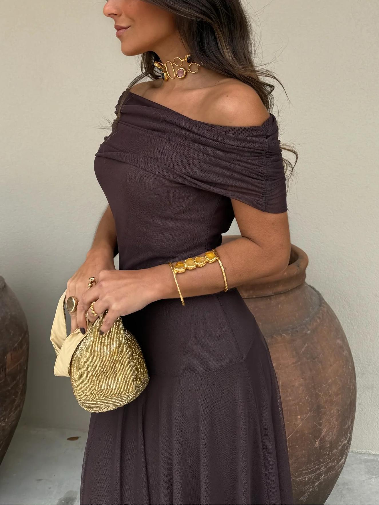 Off Shoulder Bardot Ruched Panel Sheer Overlay Column Maxi Gown