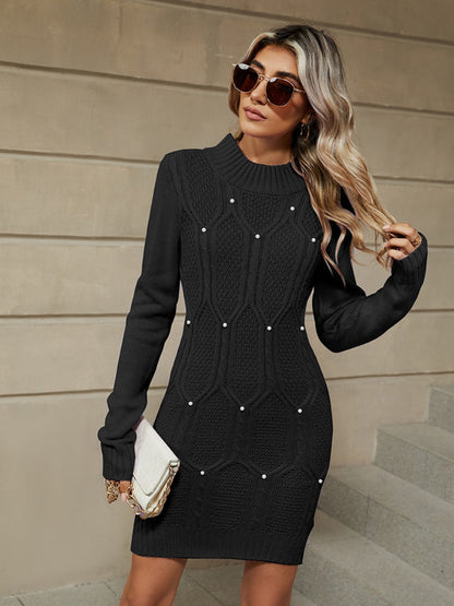 Knitting Crew Neck Jacquard Long Sleeve Mini&Short Dresses