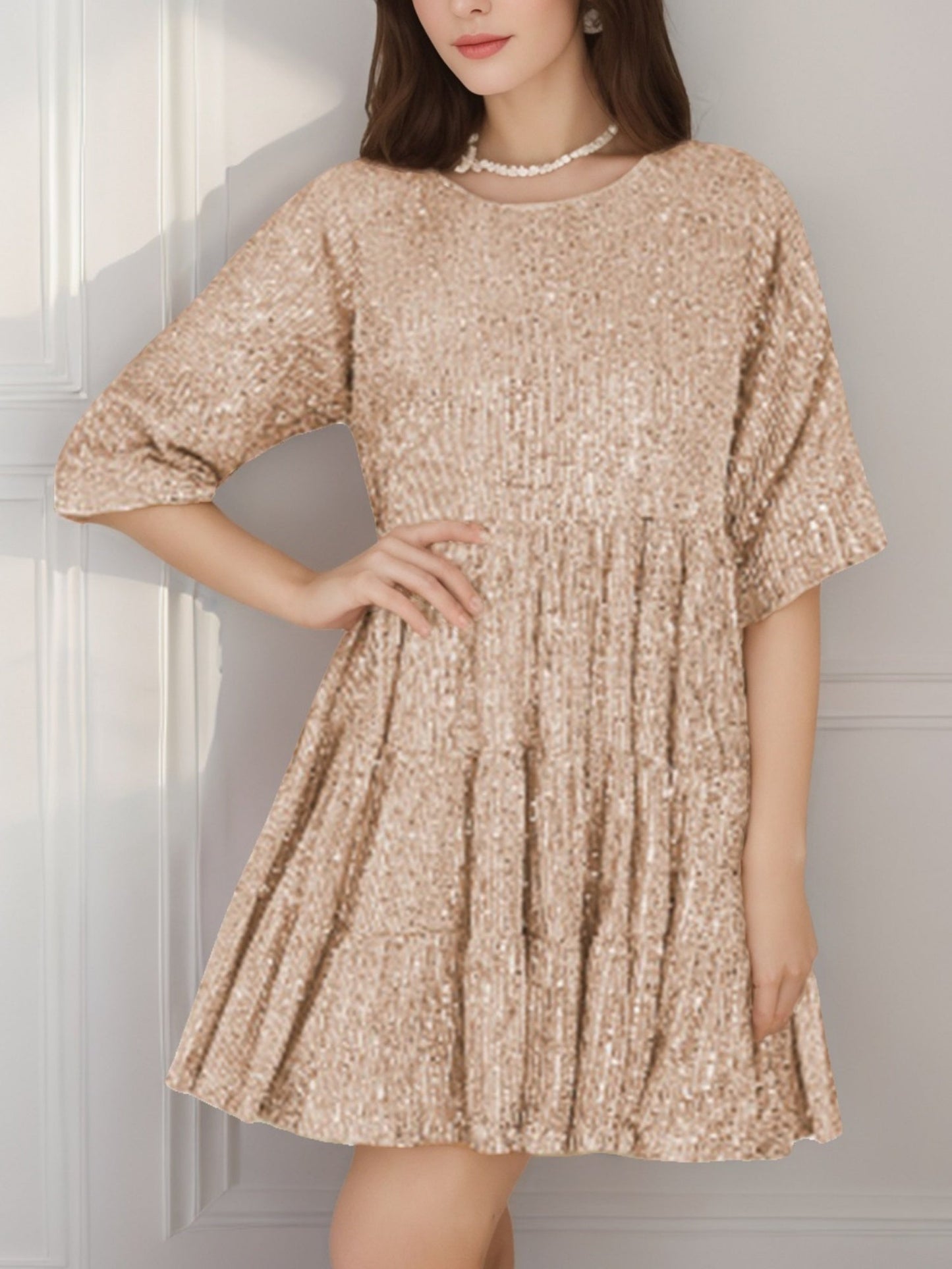 Sequins Pleated Multi-story Crew Neck Short Sleeve Mini&Short Dresses