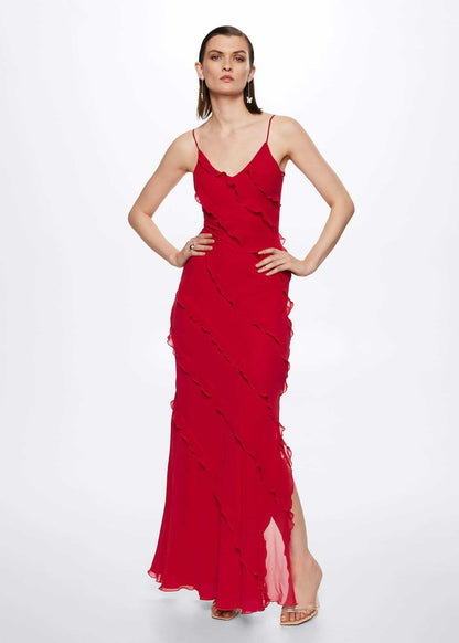 V-neck Ruffle Slit Maxi Dresses