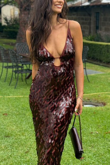 Margovil V Neck Cut Out Sequin Bodycon Maxi Cami Party Dress
