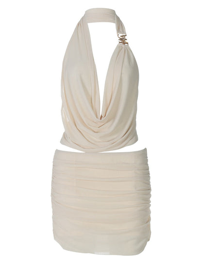Hollow-out Deep V-neck Spliced Mesh Short Top And Slim-fit See-through Bodycon Skirt Set