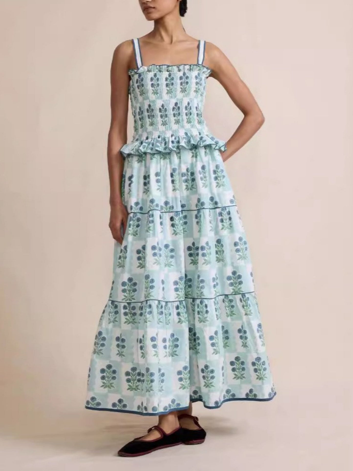 Printed Wavy Edge Spaghetti Strap Long Dress