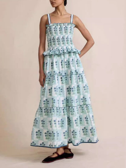 Printed Wavy Edge Spaghetti Strap Long Dress