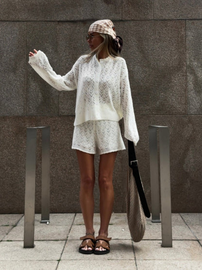 Jacquard Knitting Hollow Cardigan Top Shorts Set 2-piece Sets
