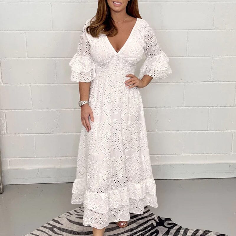 Broderie Anglaise Deep V-Neck Smocked Waist Tiered Ruffle Cuff Maxi Dress