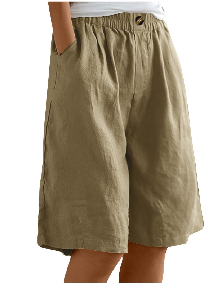 Button-down Cotton Linen Loose High-waisted Five-point Shorts