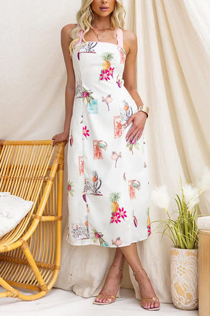 Sleeveless Back Lace-up Cut Out Floral Print Midi Dress