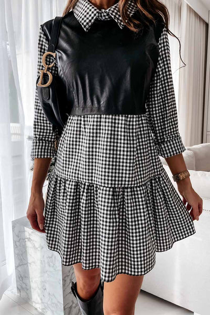 Collared Shirt Sleeve Faux Leather Panel Tiered Ruffle Mini Dress