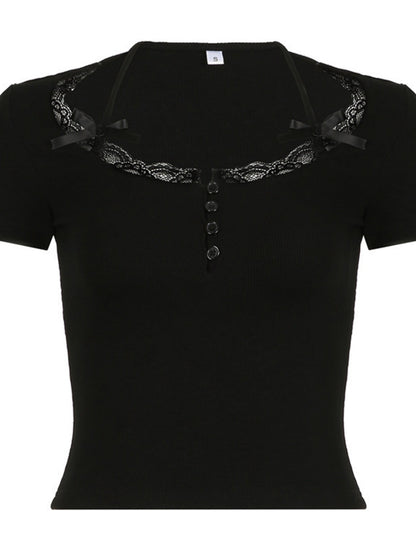 Lace Trim Square Neck Long-sleeved Top Button-down Halter Neck Tank Top