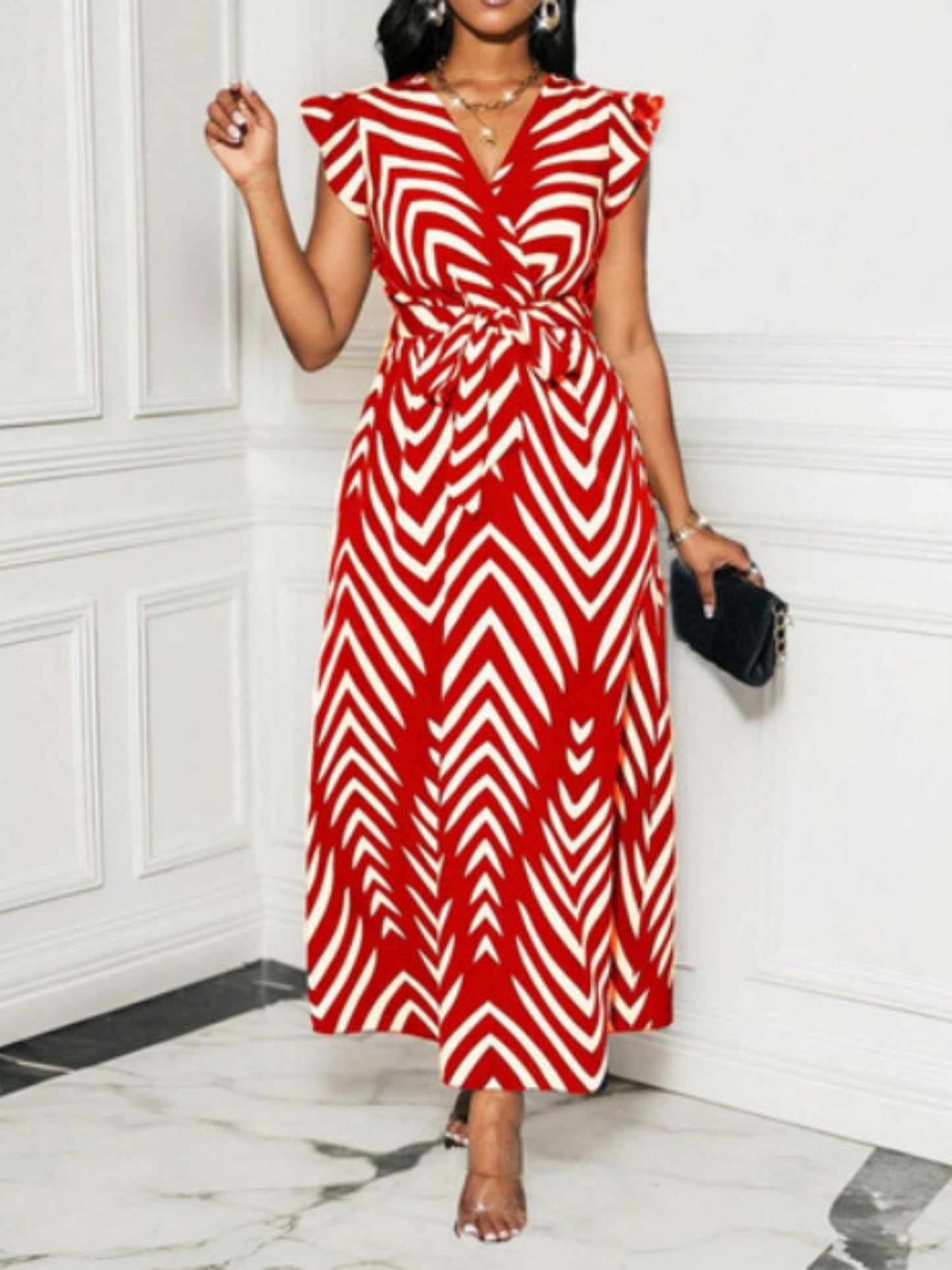 Stripes V-neck Belts Maxi Dresses