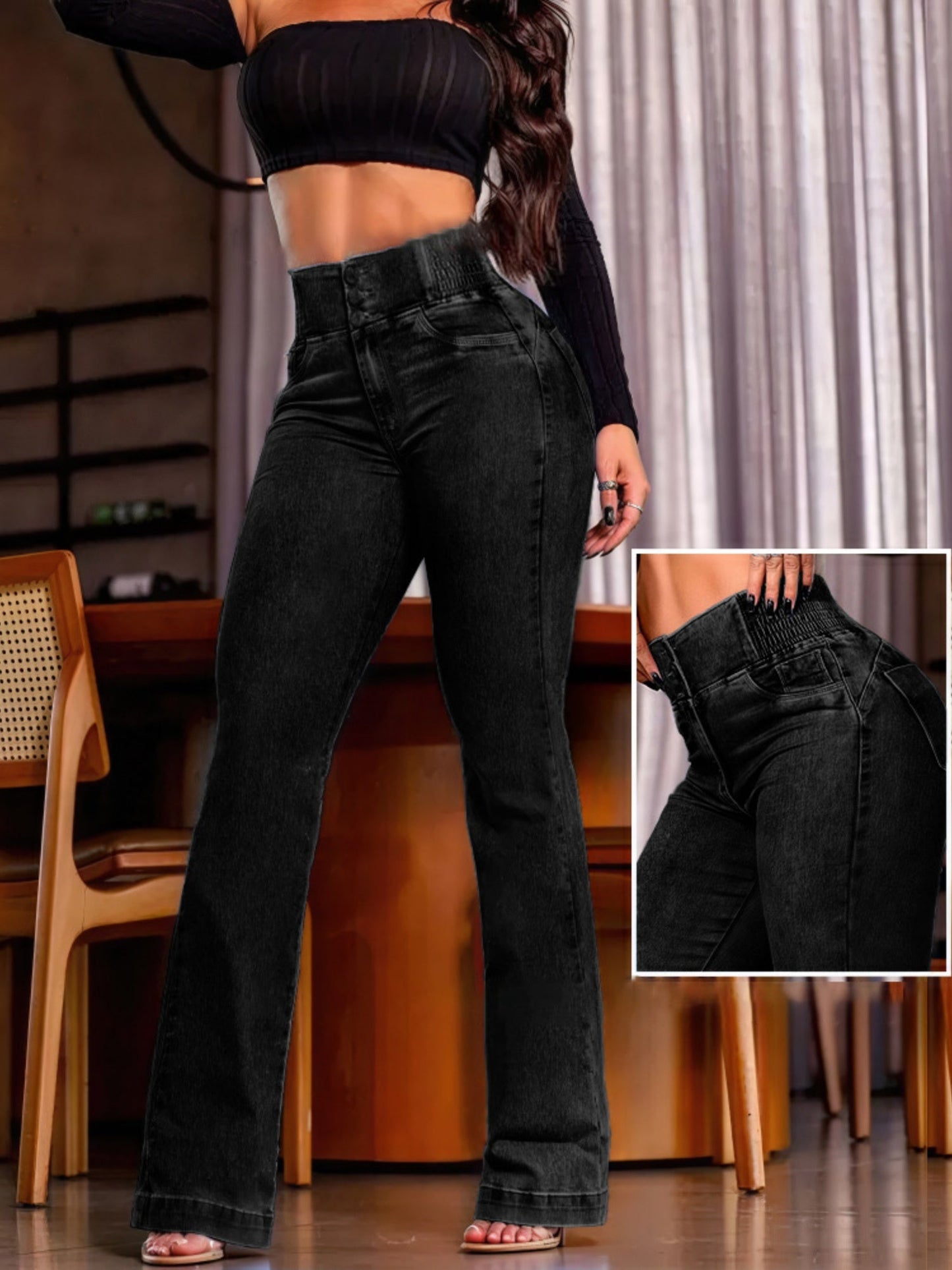 Elastic Waistband High-waisted Elastic Slim Fit Subtle Flare Pants Buttock Lift Jeans